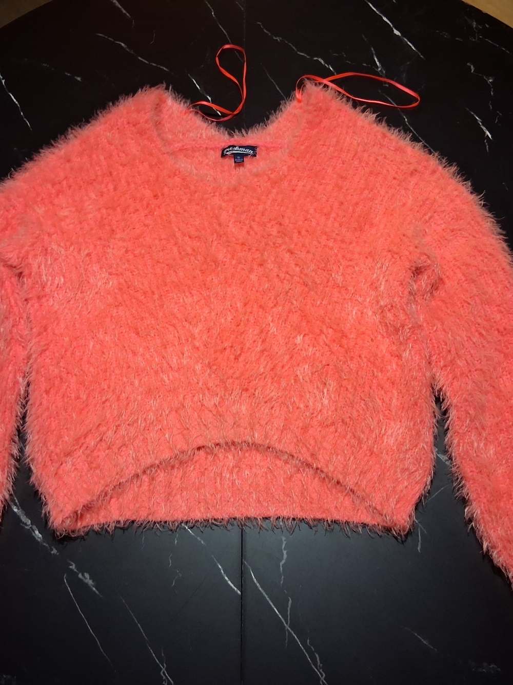 Express Coral Fuzzy V-Neck Cropped Sweater